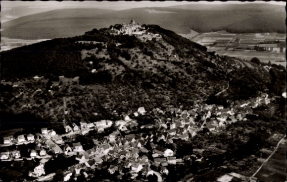 Postcard Neustadt Breuberg in the Odenwald, aerial photograph, Breuberg Castle, houses, landscape