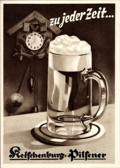 Postcard At any time Ketschenburg Pilsener, beer mug, advertising, cuckoo clock