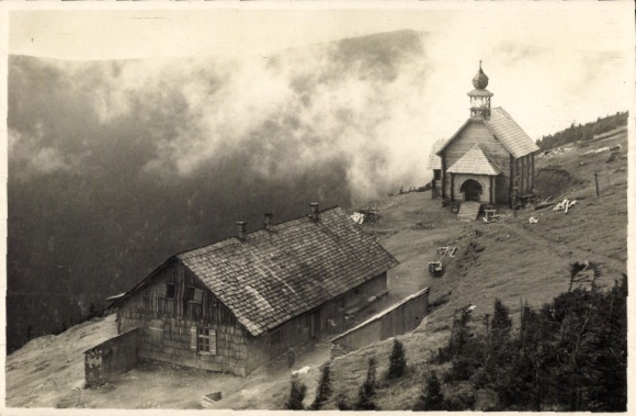 Postcard Schönberg Bad Brambach im Vogtland, black and white photography, small church, inn...