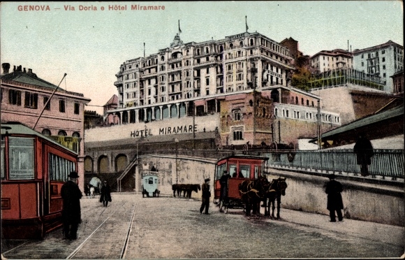 Postcard Genova Genoa Liguria, Via Doria e Hotel Miramare, horse tram