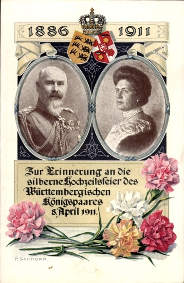 Artist Postcard Schnorr, King Wilhelm II v. Württemberg, Queen Charlotte, silver wedding anniversary 1911, coat of arms