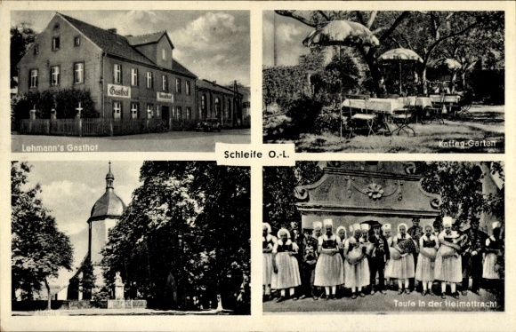 Postcard Schleife in Upper Lusatia, Lehmanns Gasthof, church, baptism in traditional costume