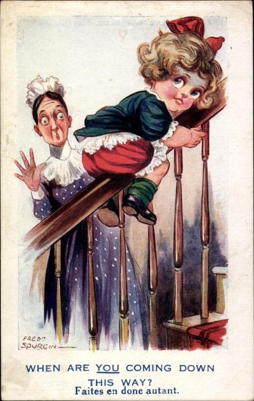 Artist PC Spurgin, Fred, girl slides down the banister