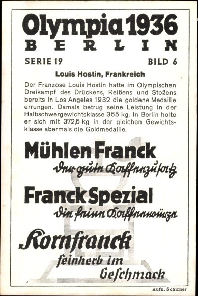 Collection picture Olympia 1936, weight lifter Louis Hostin, Mühlen Franck coffee additive