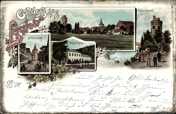 Chromo-Litho Lüchow in Wendland, Kirchstrasse, Schützenhaus, castle tower