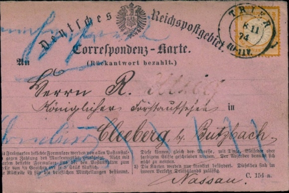 List do Trewiru z 8 listopada 1874 r., data tekstowa po dacie stempla