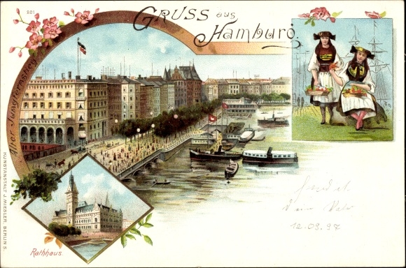 Chromo-Litho Hamburg Mitte old town, Alter Jungfernstieg, town hall, girl in Vierländer costume