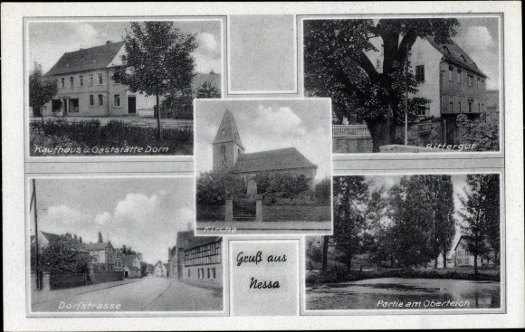 Ak Nessa Teuchern Burgenlandkreis, Kirche, Rittergut, Oberteich, Gasthof Dom, Dorfstraße