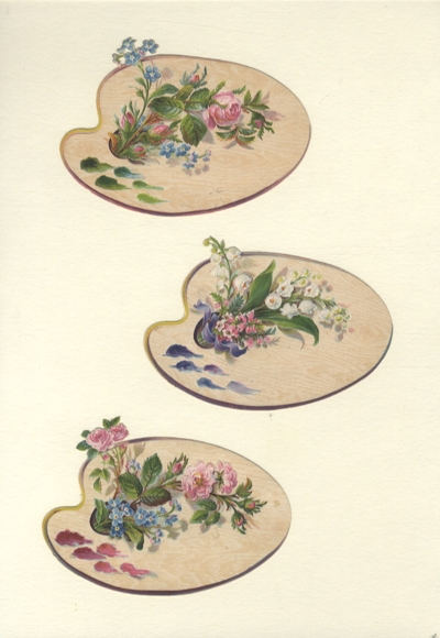 3 wafer painter's palettes with flowers, each approx. 8 x 11.5 cm