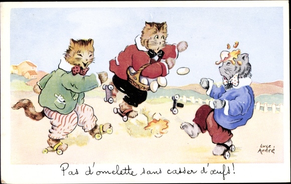 Artist PC André, Luce, humanized cats on roller skates, basket with eggs