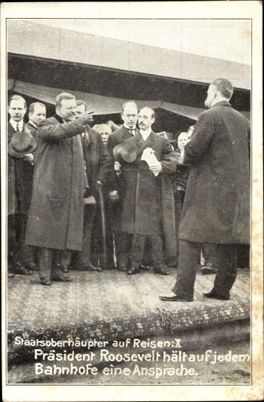 Postcard heads of state traveling, President Theodore Roosevelt gives a speech at every train station