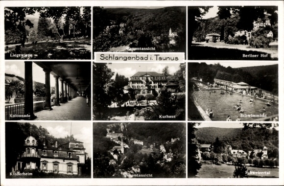 Postcard Schlangenbad in the Taunus Hessen, sights: Liegegege, colonnade, Berliner Hof, Kurhaus
