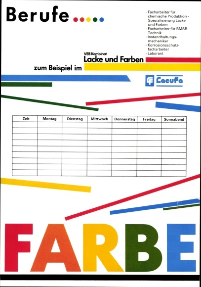 GDR timetable VEB Lacke und Farben, Lacufe, professions, color around 1970