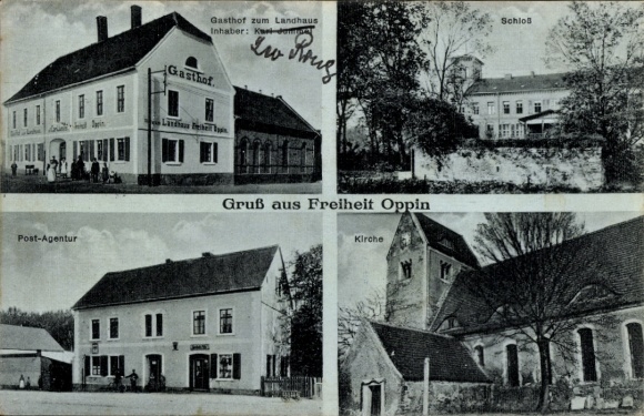 Postcard Freiheit Oppin Landsberg im Saalekreis, Gasthof zum Landhaus, castle, post office, church