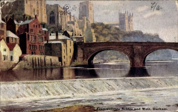 Postcard Durham North East England, Framwellgate Bridge and Weir, architecture, river, bridge