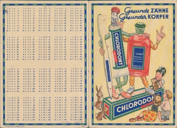 Timetable advertising Chlorodont toothpaste, tube of mouthwash, tooth devil with children around 1930