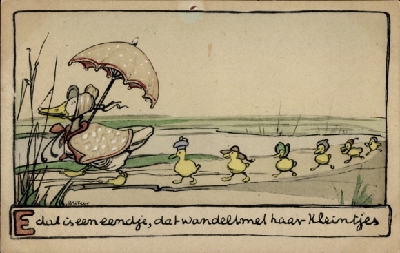 Künstler Ak Entenfamilie, Entenküken, Teich