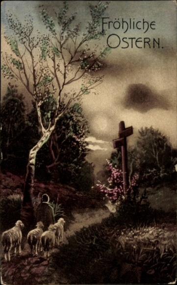 Ak Glückwunsch Ostern, Lämmer, Baum, Kreuz
