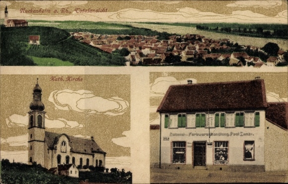 PC Halsheim am Rhein, grocery store, church, total view
