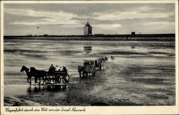 Postcard Insel Neuwerk, carriage ride through the mud flats from the Insel Neuwerk, carriages