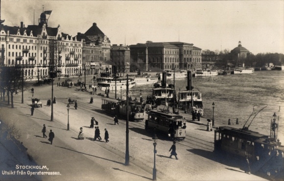 Postcard Stockholm Sweden, view from the opera terraces, trams, steamers
