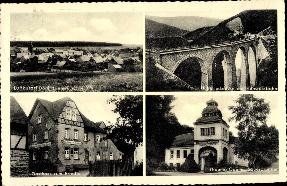 Postcard Dörth Rhineland-Palatinate, panorama, Hubertus Bridge, Thauma source Sauerbrunnen, inn for peace