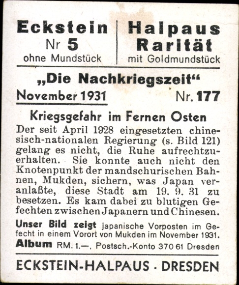 Collector's picture The post-war period No. 177, November 1931 Danger of war in the Far East, Japanese outposts