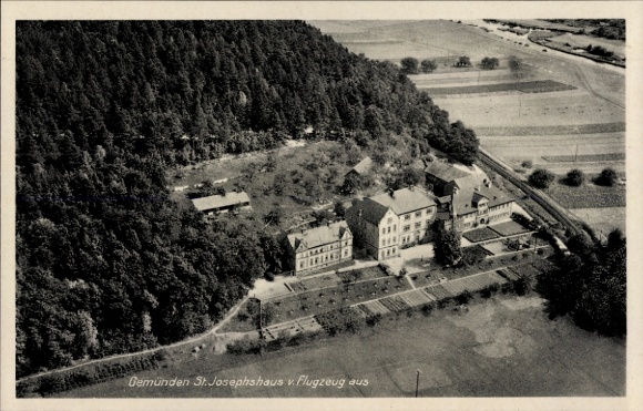 Postcard Gemünden an der Wohra Hesse, aerial view of St. Joseph's House, surrounding forests, fields, S