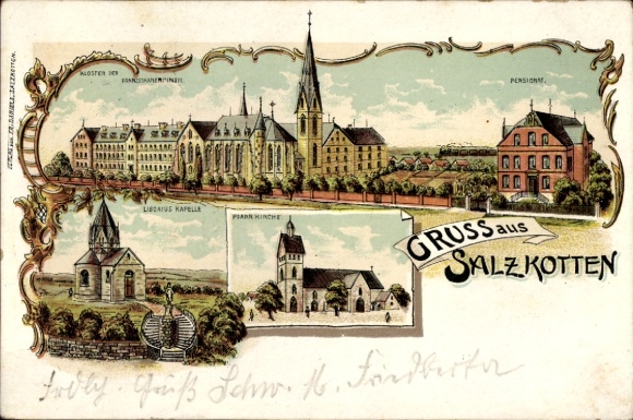 litho Salzkotten Westfalen, Franciscaans klooster, internaat, Liboriuskapel, parochiekerk