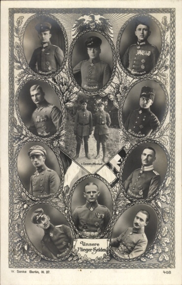 Ak Deutsche Fliegerhelden, Boelcke, Immelmann, Wintgens, Cossel, Windisch, Buddecke, Sanke 408