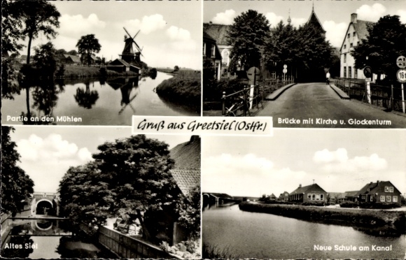 Postcard Greetsiel Krummhörn in East Frisia, Bürcke, church, bell tower, mills, old sluice, new school