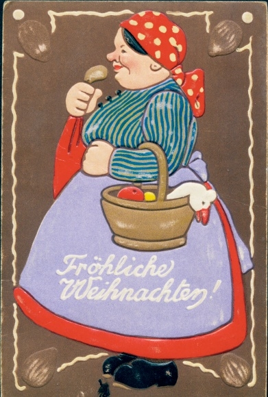 Opluchting Ak gefeliciteerd met Kerstmis, boerin met mandje, peperkoek