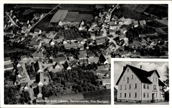Postcard Betzenweiler in Upper Swabia Württemberg, aerial photograph, Gasthaus zum Löwen