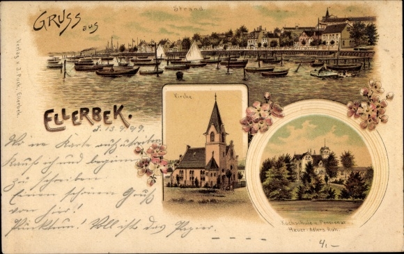 litho Ellerbek in de wijk Pinneberg, kookschool en pension Heuer, Adlers Ruh, kerk, strand