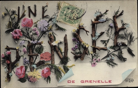 Postcard Paris XV., A Thought of Grenelle, Roses, Nelken, Tannenzweige