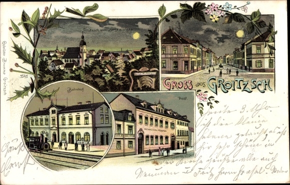 Mondschein Litho Groitzsch im Kreis Leipzig, Bahnhof, Kaiserliches Postamt, Bahnhofstraße