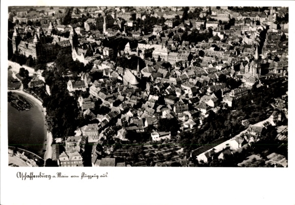 Postcard Aschaffenburg in Lower Franconia, aerial view of many houses, river visible