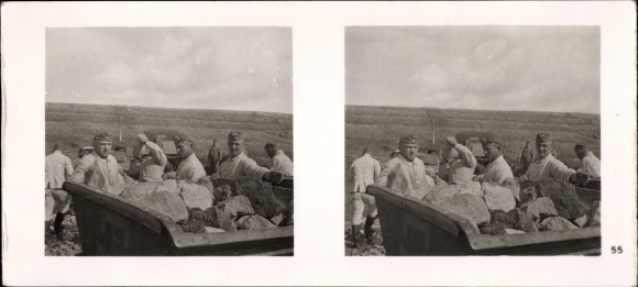 Stereo spatial image photo &quot;The Battle in the West&quot;, No. 55 Quarry provides material for road construction