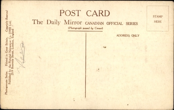 Postcard Gee up, Back from the firing line, Canadian soldiers, Light railway, Draft horse