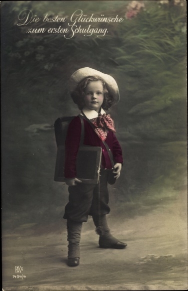 PC congratulations school enrollment, schoolboy with slate and knapsack