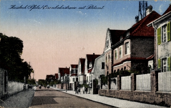 Ansichtkaart Haßloch in Saarpfalz, Eisenbahnstrasse, postkantoor