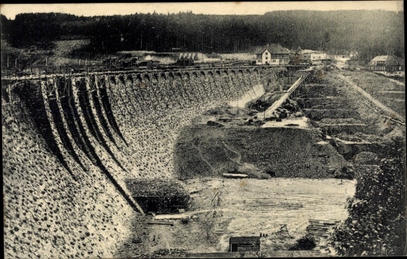 Postcard Klingenberg in the Ore Mountains of Saxony, dam construction dam wall with waterfall basin