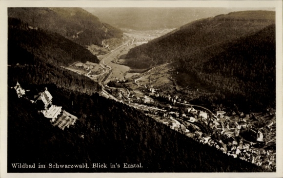 Postcard Bad Wildbad in the Black Forest, mountain landscape, river, buildings in the valley