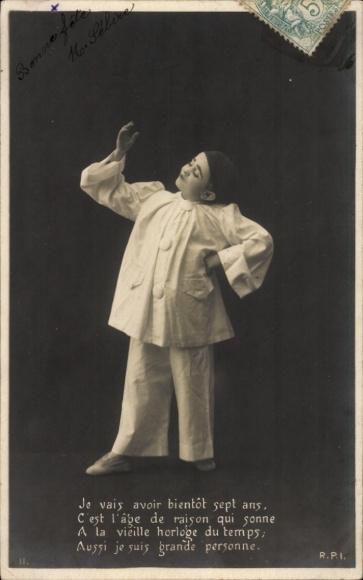 Postcard Pierrot, boy in costume, pose, acting
