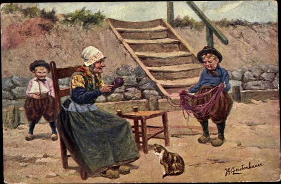Künstler Ak Gerstenhauer, J. G., Alte Frau in Tracht und ein Junge rollen Wollgarn zusammen, Katze