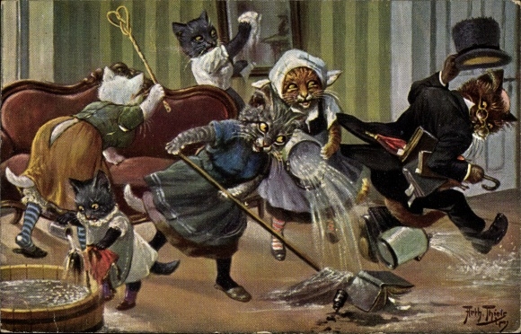 Künstler Ak Thiele, Arthur, Vermenschlichte Katzen beim Hausputz