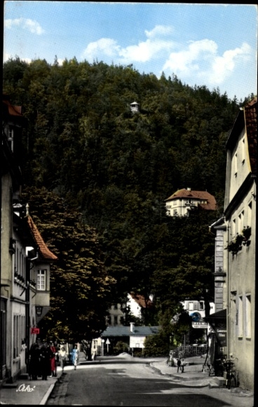 Postcard Wirsberg in the Fichtelgebirge, mountain health resort, Fichtelgebirge, street scene with houses and mountain
