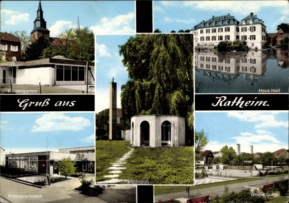 Postcard Ratheim Hückelhoven North Rhine-Westphalia, House Hall, green lung, memorial, kindergarten
