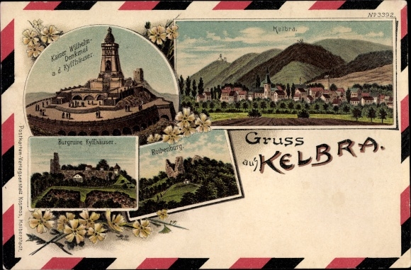litho Kelbra bij de Kyffhäuser, Kaiser Wilhelm-monument, kasteelruïne, Rothenburg, Panorama