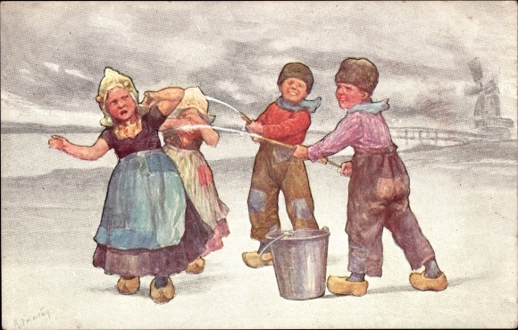 Künstler Ak Feiertag, Karl, Jungen bespritzen Mädchen mit Wasser, Tracht